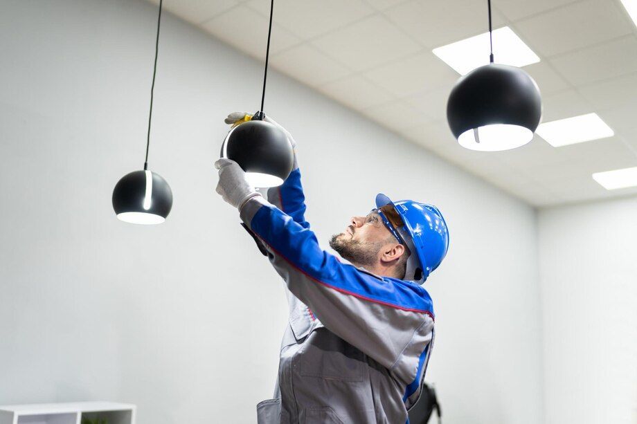 Technician in blue hard hat adjusts hanging ceiling lights in a white room.