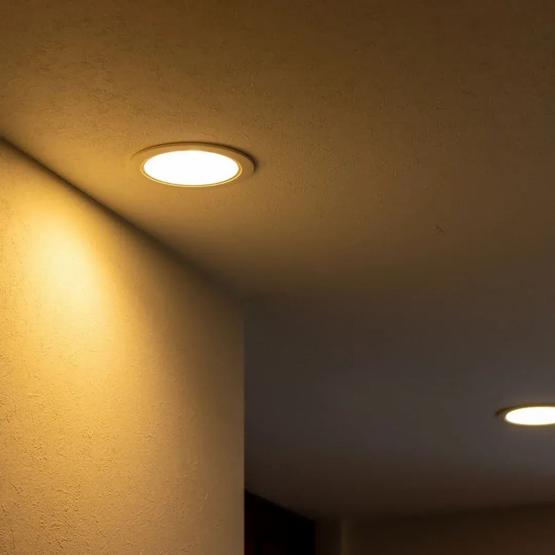 Ceiling with two recessed lights, one casting warm light on a beige wall and dark hallway corner