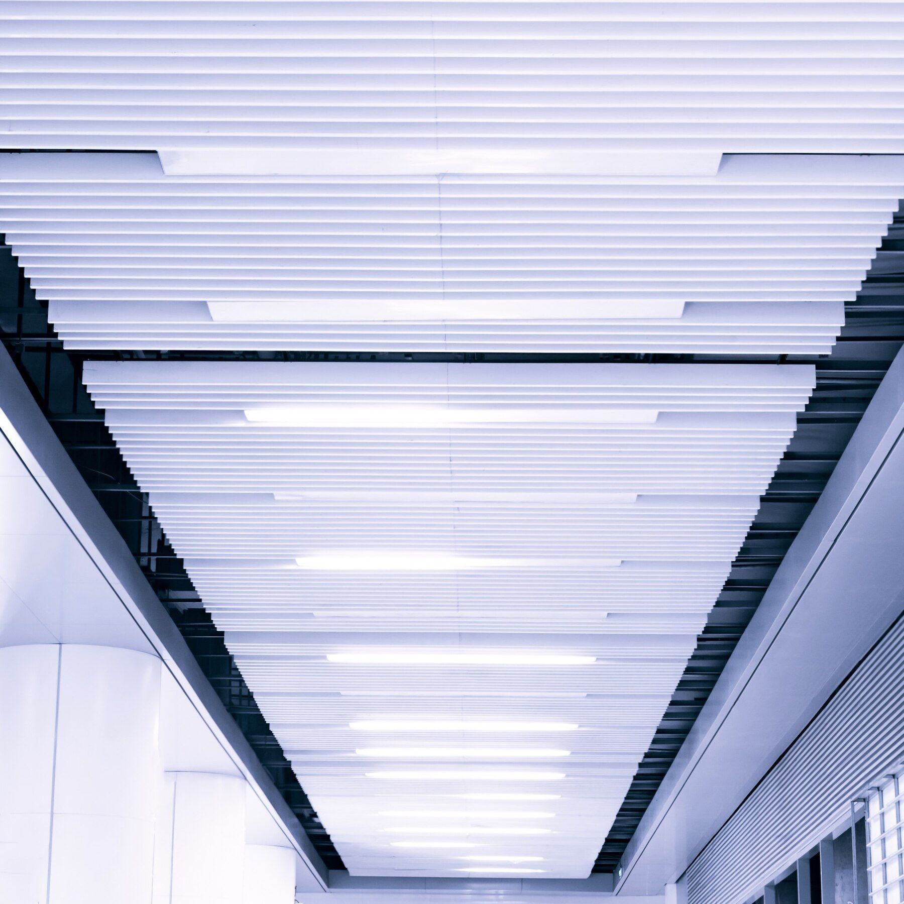 White, slatted ceiling with recessed lights in a modern hallway.