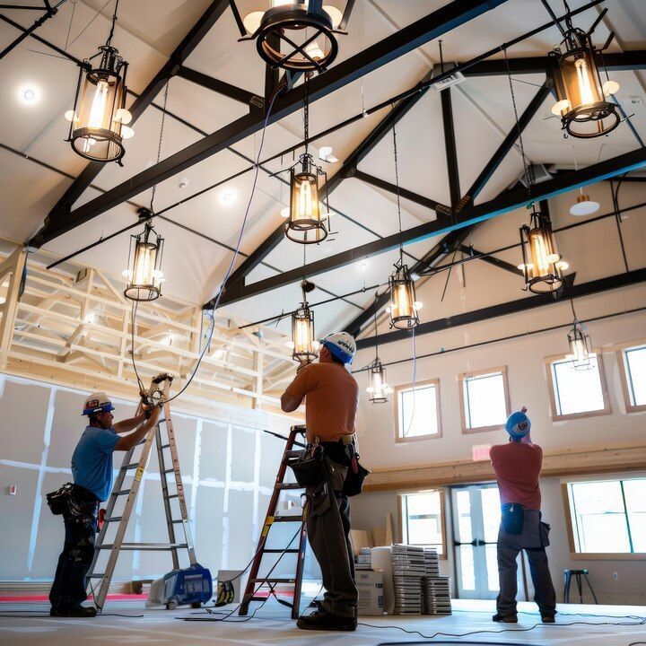 Construction workers are installing hanging lights and exposed beams.