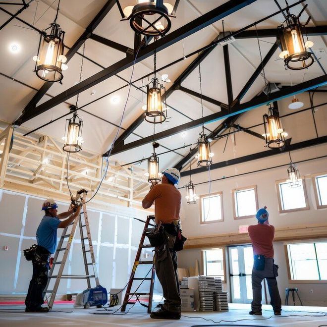 Workers installing hanging lights in a bright industrial space with ladders and exposed ceiling beams