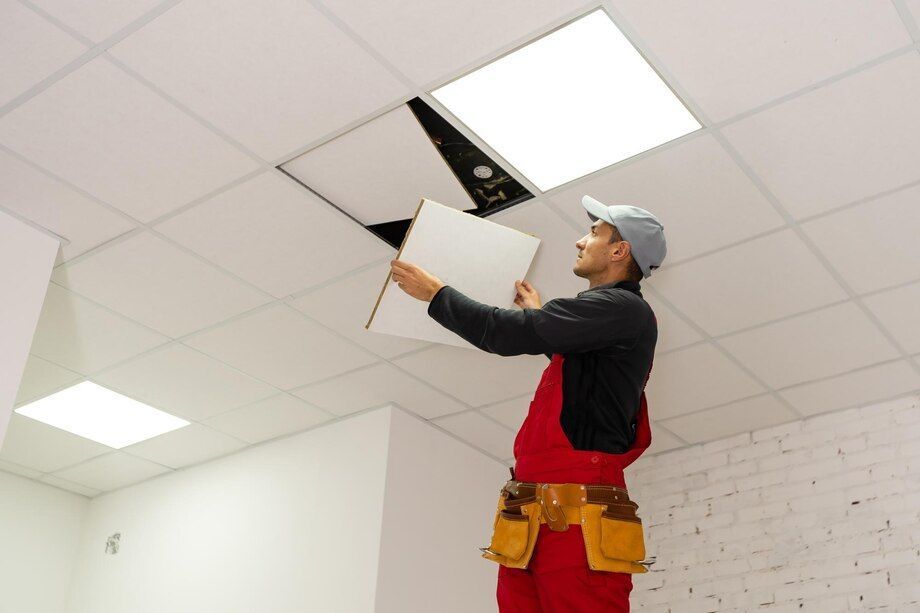 Man in red overalls replacing a ceiling tile in a white room with fluorescent lights.