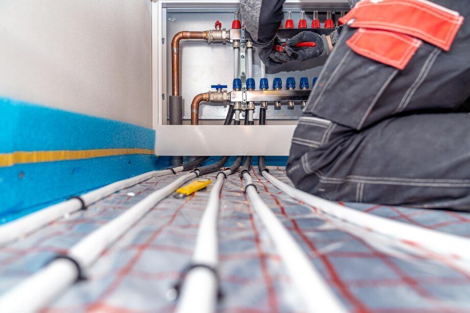 Plumber working on colorful pipes and valves in a utility room floor panel