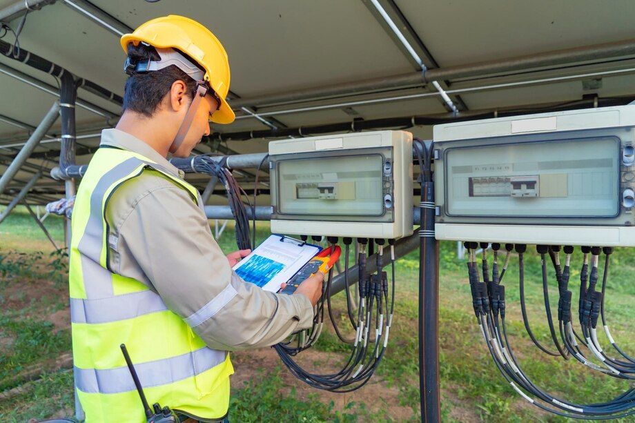 Technician inspecting outdoor electrical panels with a tablet, wearing a hard hat and safety vest