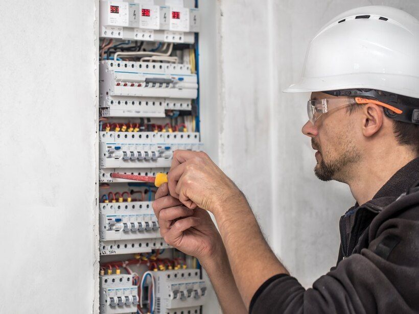 Technician adjusting wiring in an electrical control panel, wearing a hard hat and safety glasses.