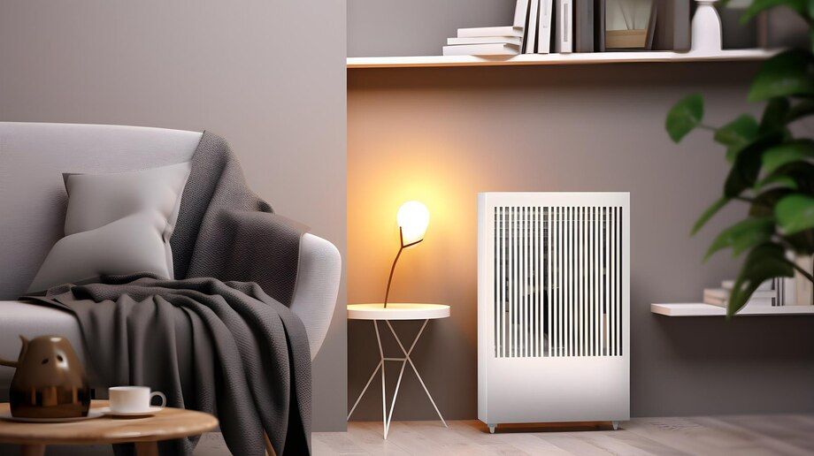 Cozy living room corner with armchair, warm lamp, shelves, and a white air purifier
