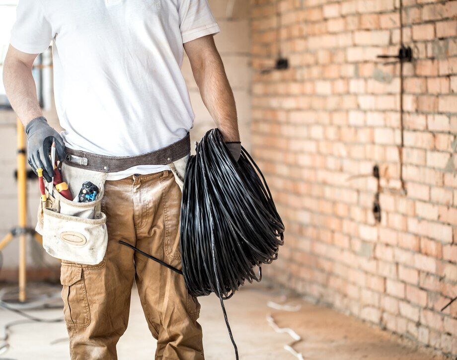 Electrician holding wire, wearing a tool belt, standing in a room with exposed brick.