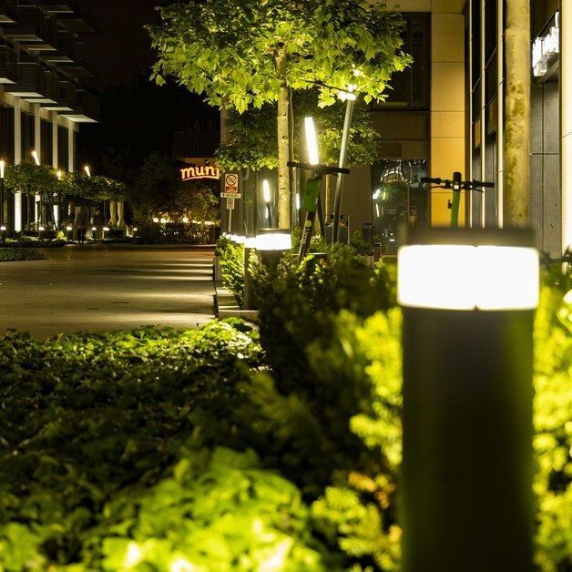 Nighttime courtyard with lit pathway lamps, green shrubs, and a tree beside modern buildings