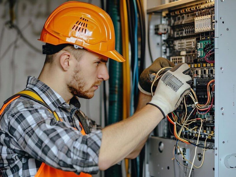 Technician in orange hard hat inspecting electrical control panel with tools and wiring