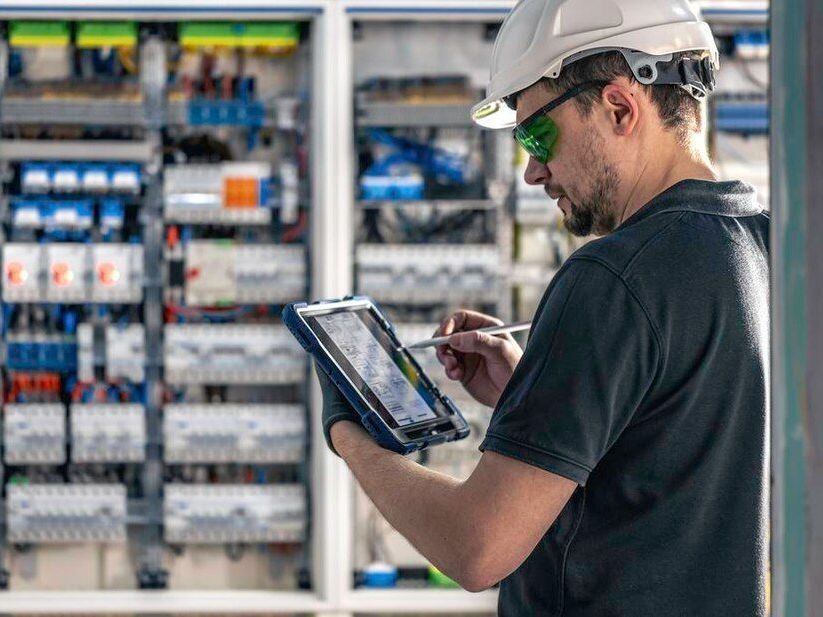 Electrician in a hard hat, safety glasses, using a tablet to inspect electrical panel.
