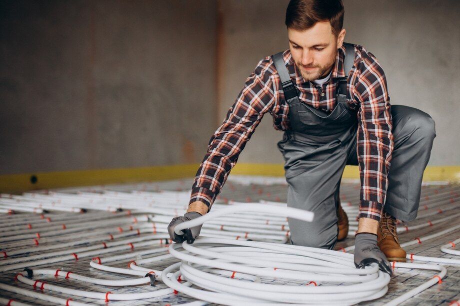 Worker installing coiled tubing on a floor, wearing gloves and a plaid shirt.