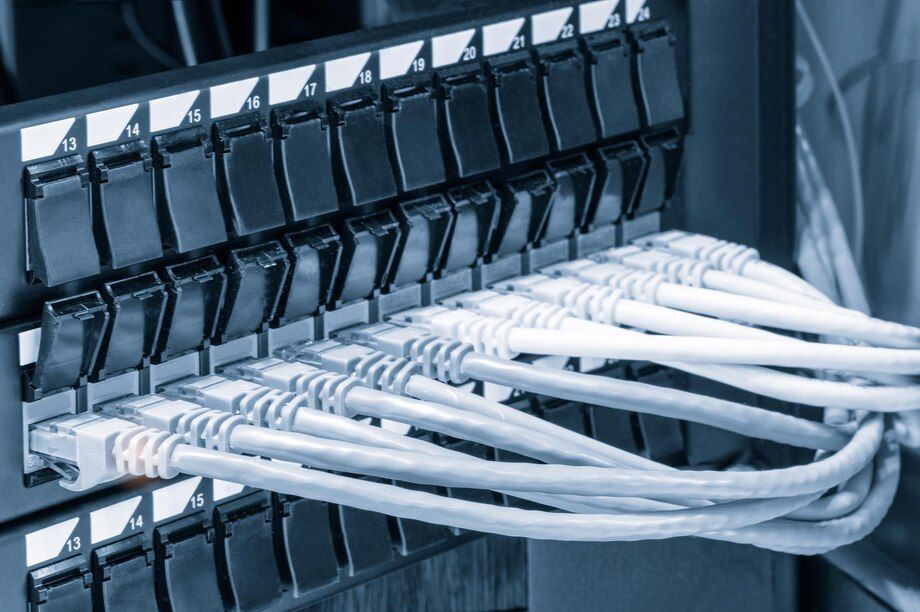 Ethernet cables plugged into a network switch in a server room.