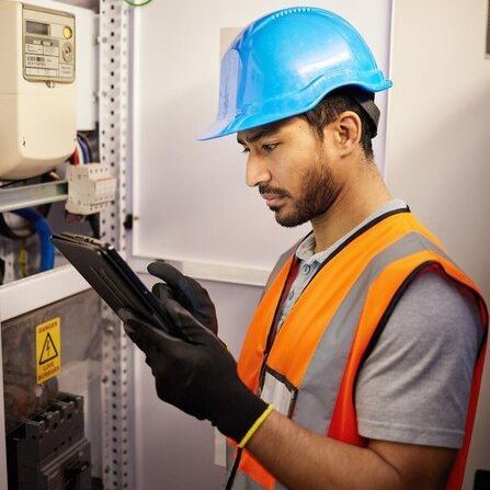Technician in blue hard hat and orange vest inspecting an electrical panel with a tablet.