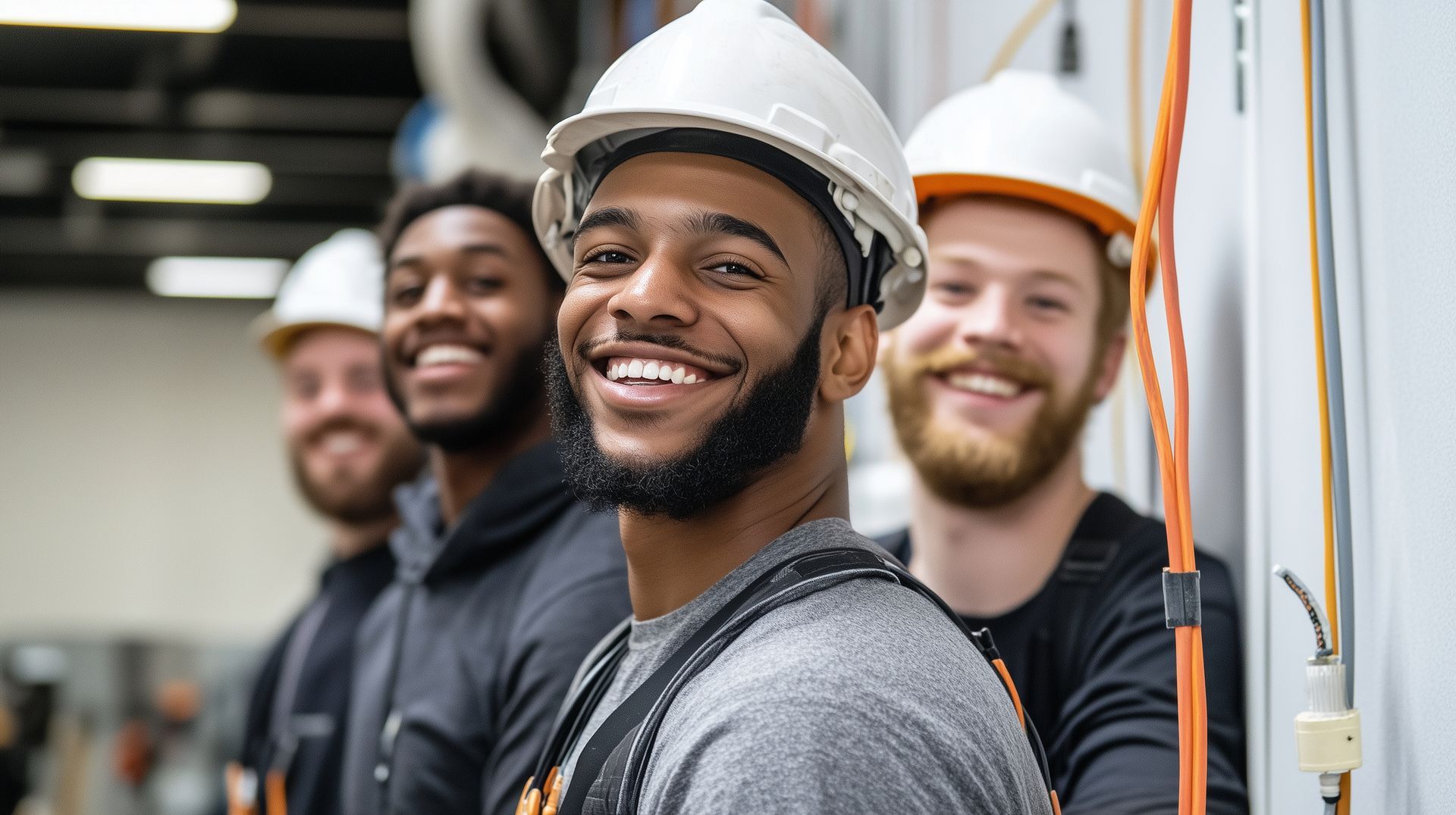 Construction workers wearing hard hats standing together at a job site.