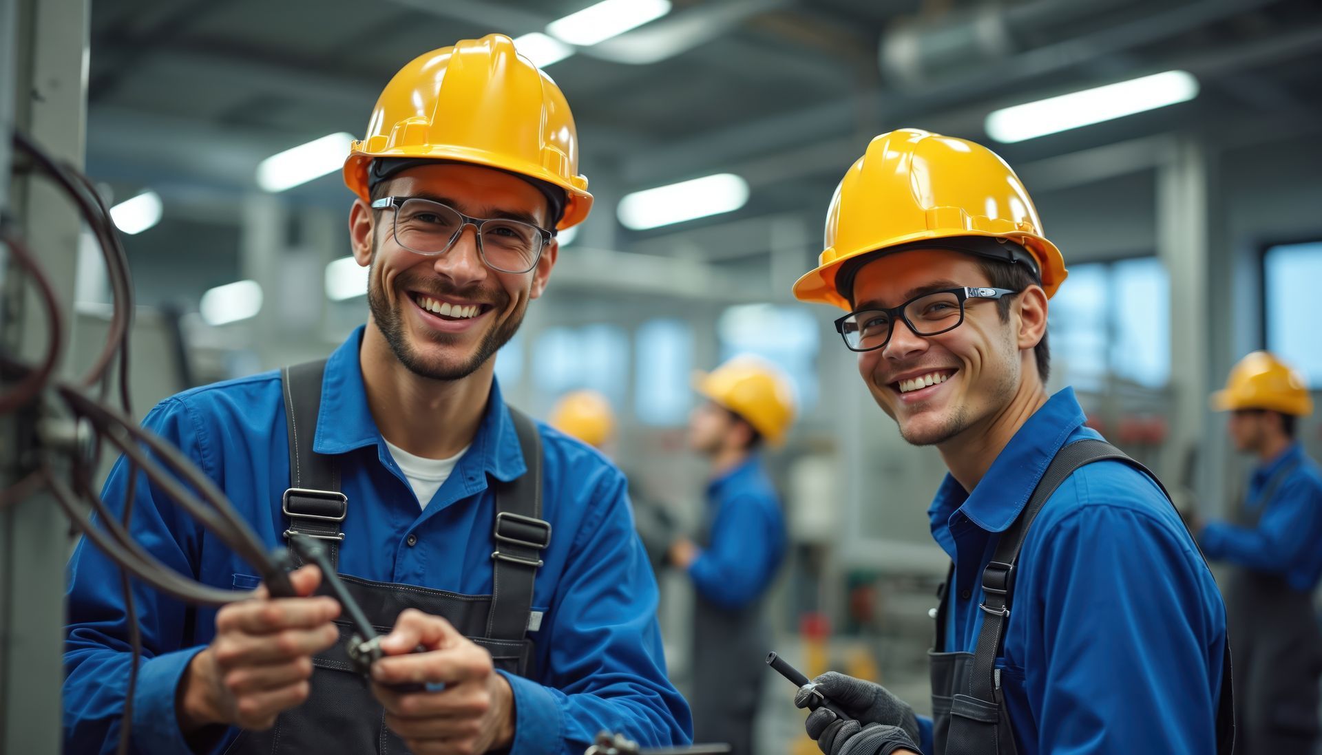 Industrial workers in hard hats and safety glasses performing electrical work. Industrial workers in hard hats and safety glasses performing electrical work.