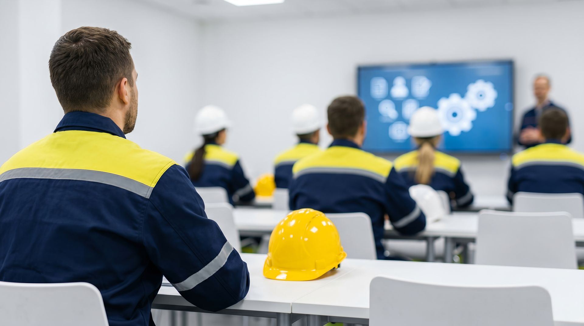 Workers in blue and yellow uniforms attend a training session in a meeting room, with a hard hat on the table.