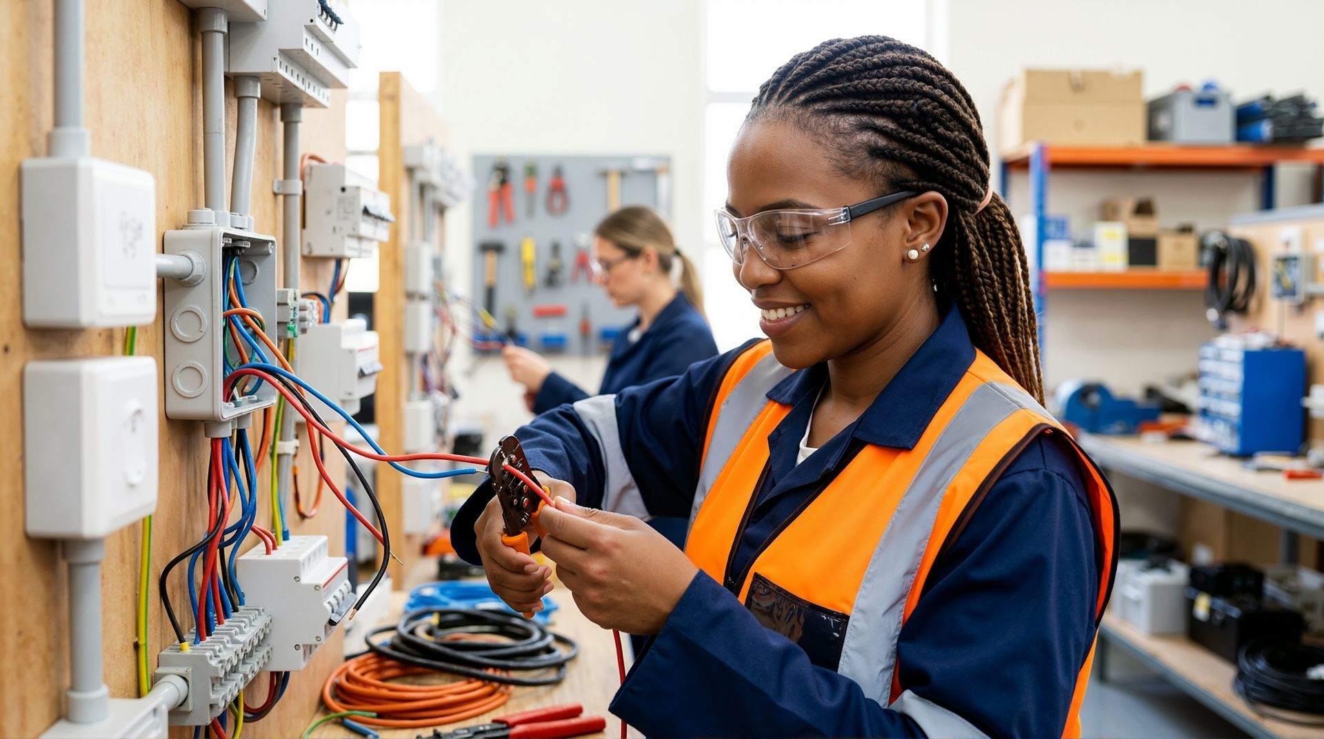 Person wearing safety glasses and high-visibility vest wiring an electrical panel.