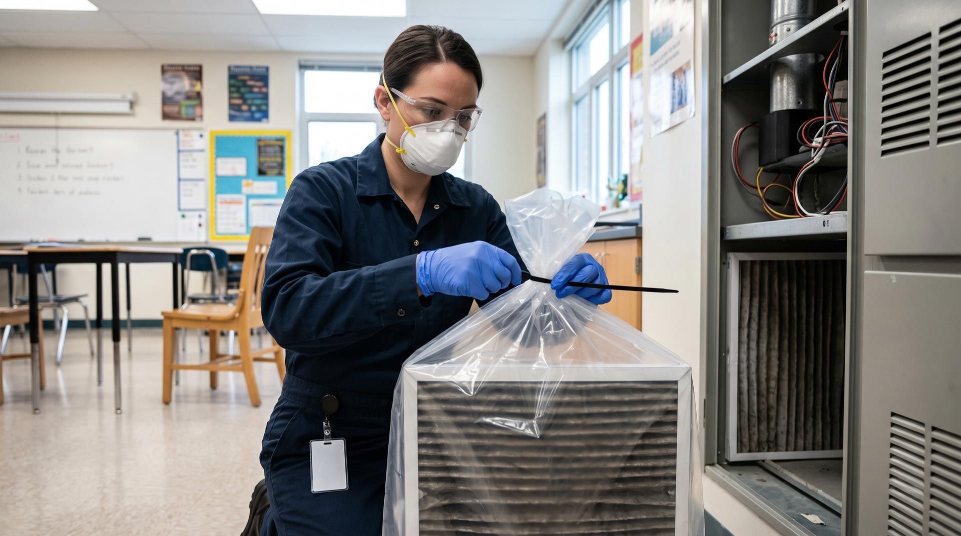 Technician Sealing Used HVAC Air Filter in Classroom Technician Sealing Used HVAC Air Filter in Classroom