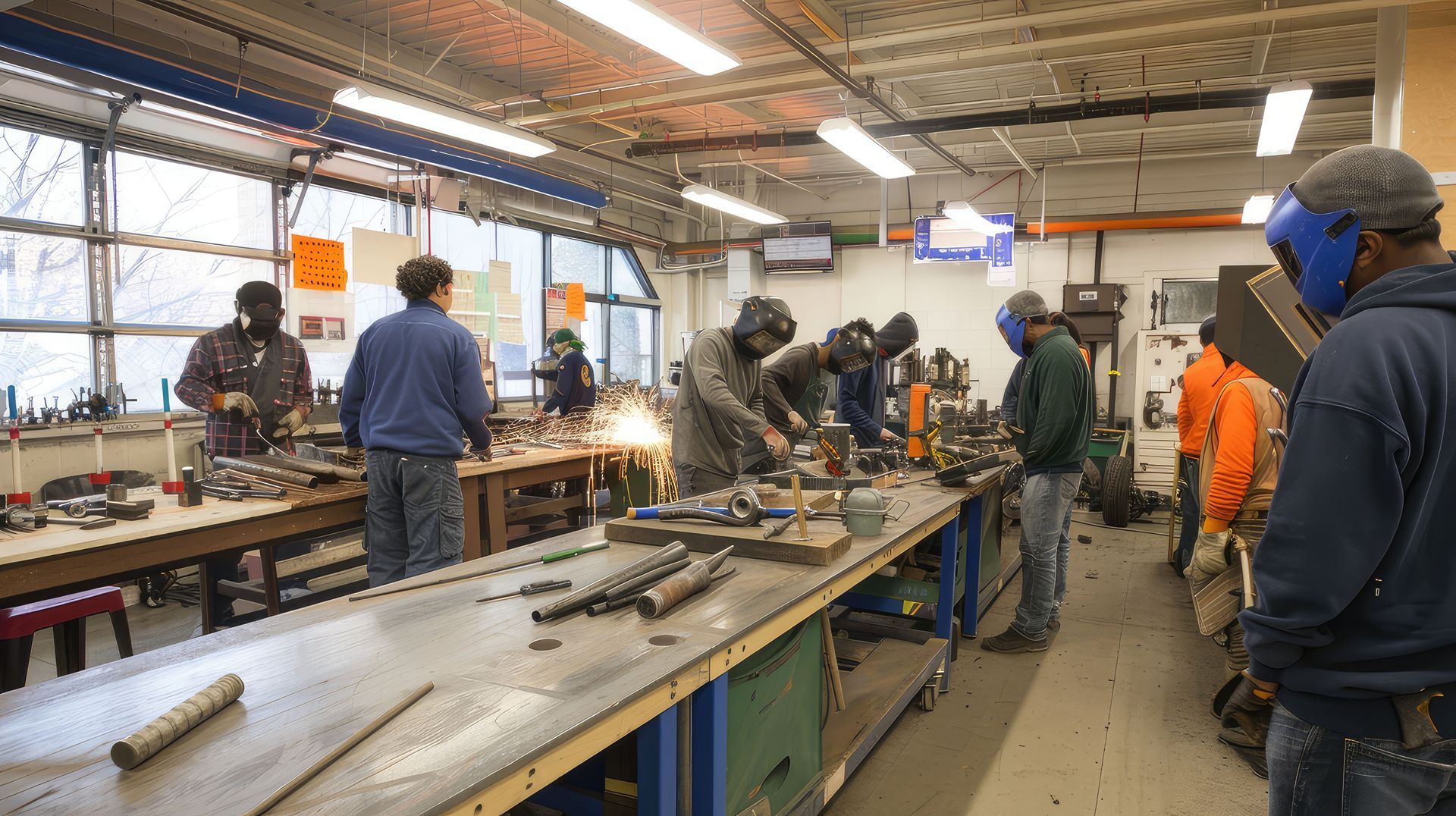 People welding and fabricating metal in a vocational workshop with safety gear.