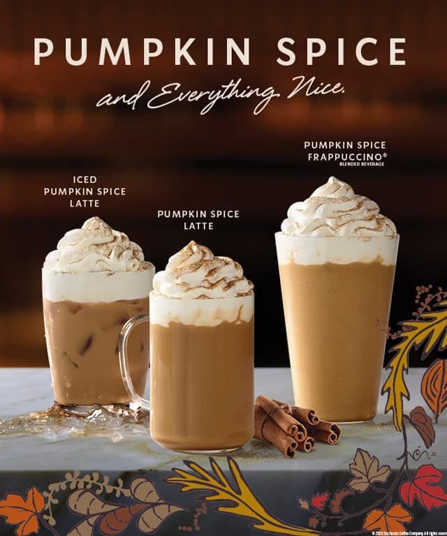Pumpkin spice drinks menu with three iced lattes and a frappuccino on a fall-themed background