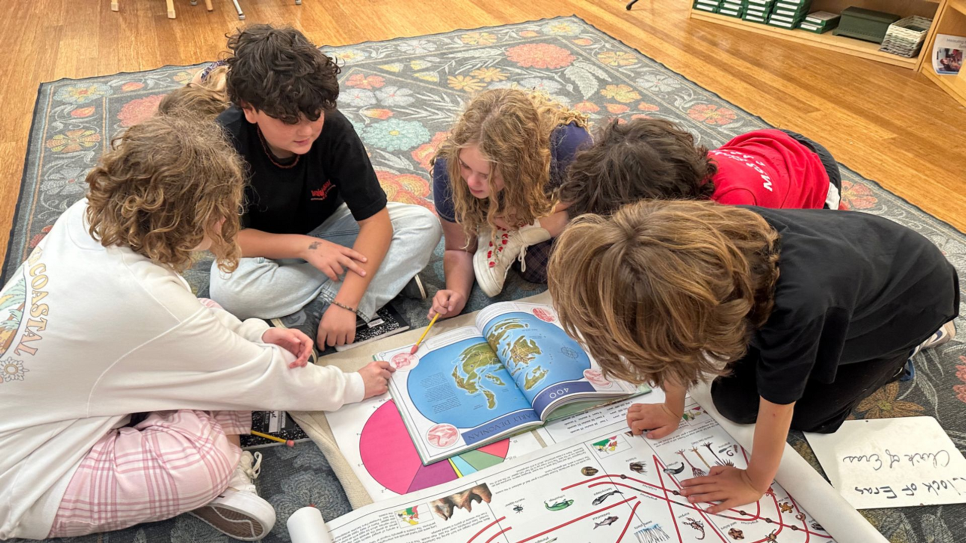 Group of elementary students sitting cross legged on the floor looking at maps and timelines