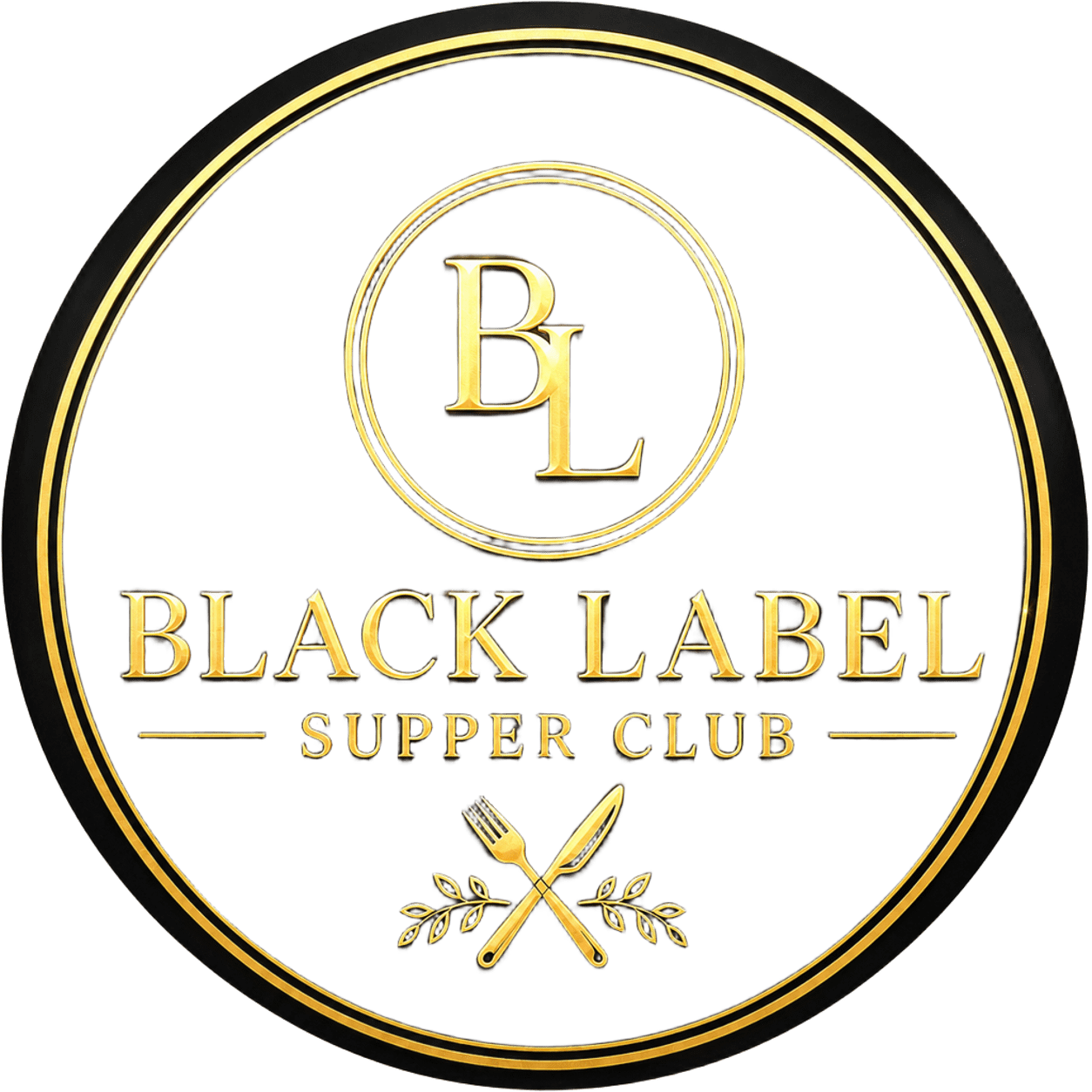 Black Label Supper Club gold and black circular logo with crossed utensils