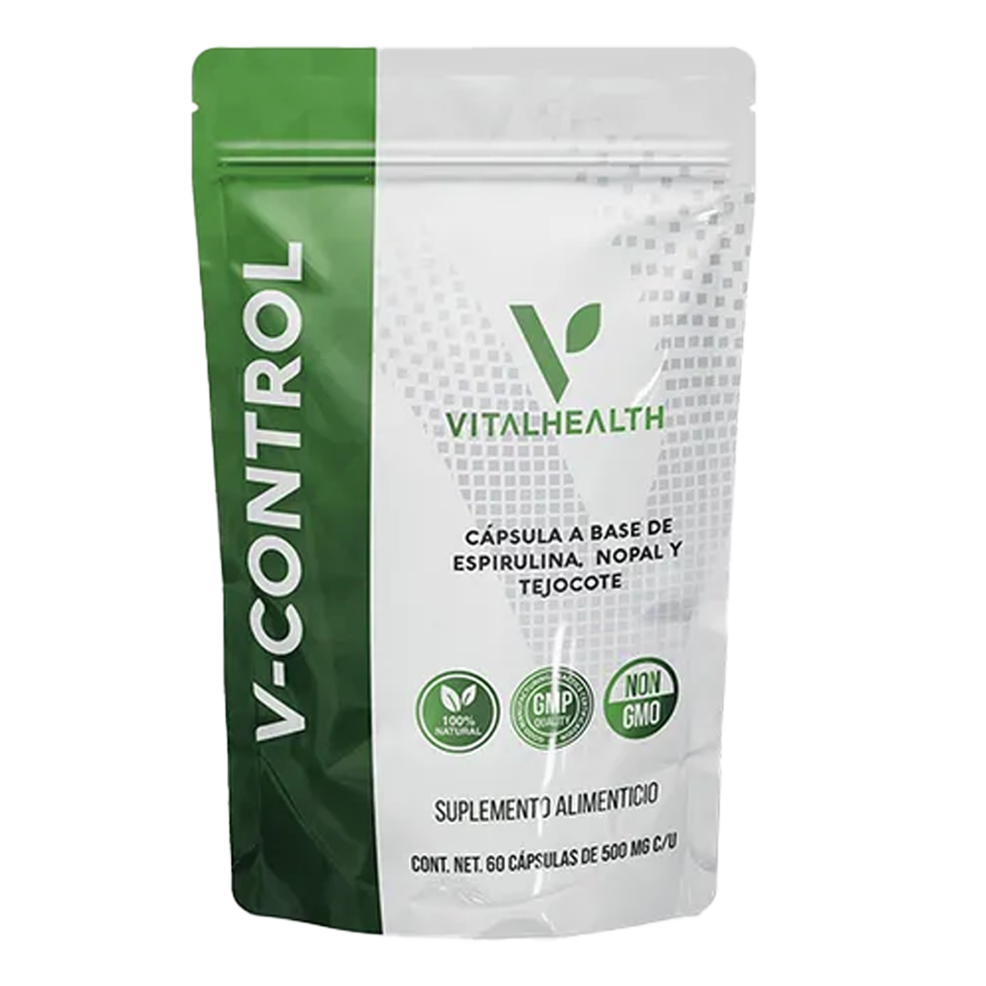 Una bolsa de cápsulas V-Control con empaque verde y blanco. Presenta el logotipo de Vitalhealth y menciona la espirulina, el nopal y el tejocote.