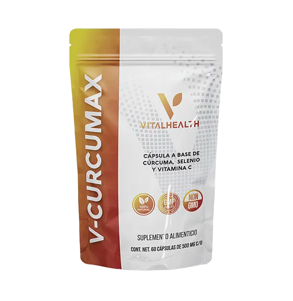 Bolsa de cápsulas V-Curcumax, de VitalHealth, con cúrcuma, selenio y vitamina C. Envase blanco y amarillo.