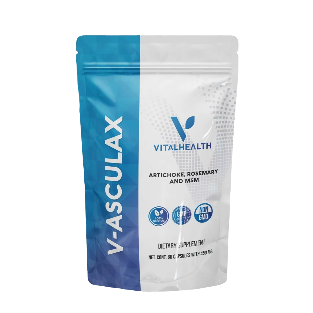 Bolsa de suplemento V-Asculax con diseño azul y blanco; marca “VitalHealth”; alcachofa, romero y menta.
