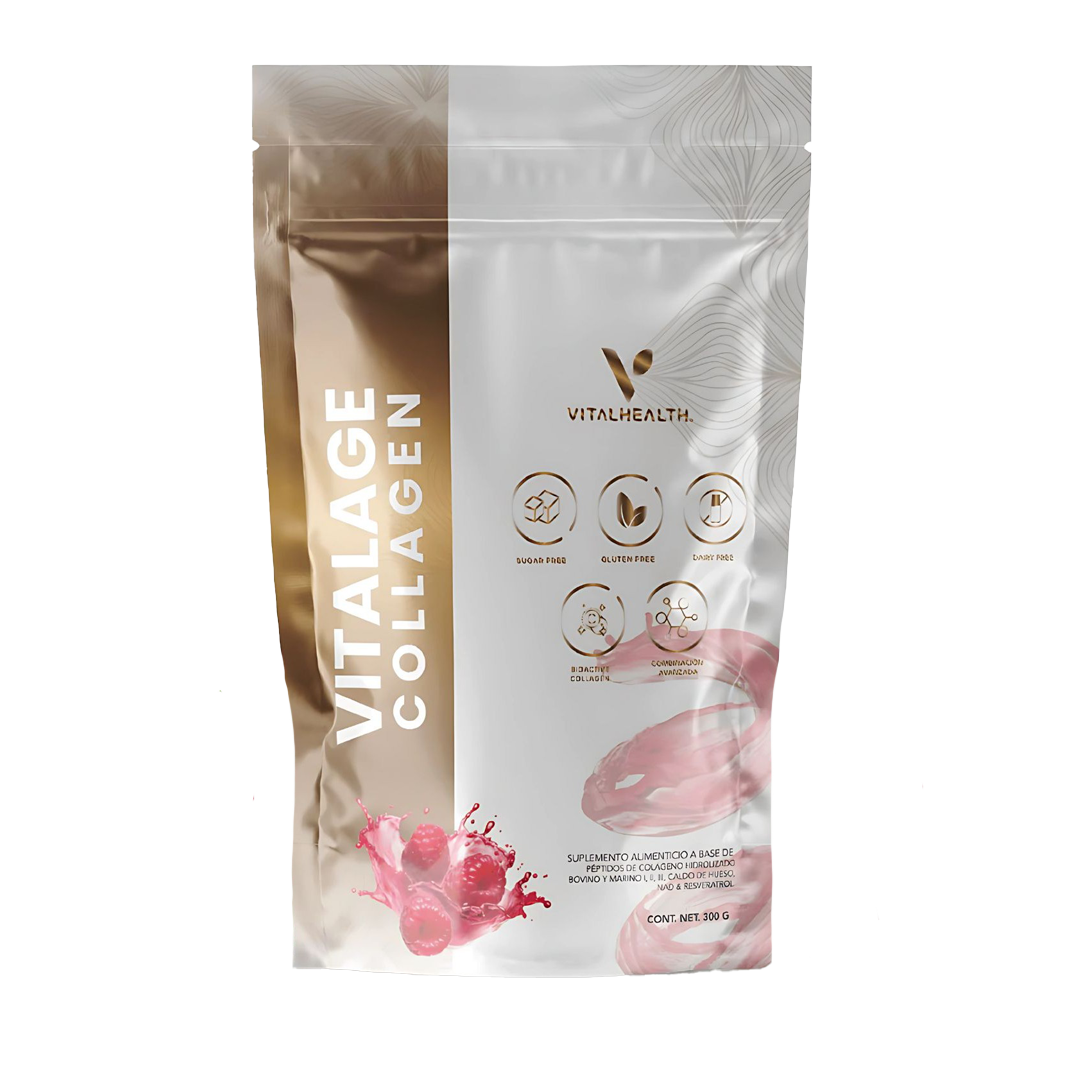 Una bolsa de polvo de colágeno Vitalage, empaque beige y blanco, con ilustración de frambuesa.