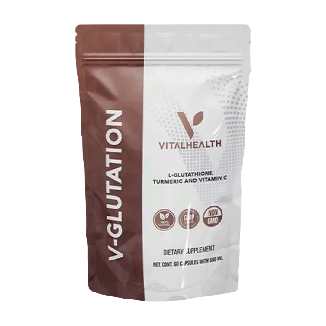 Bolsa de polvo VitalHealth V-Glutation con L-Glutatión, cúrcuma y vitamina C. Envase marrón y blanco.