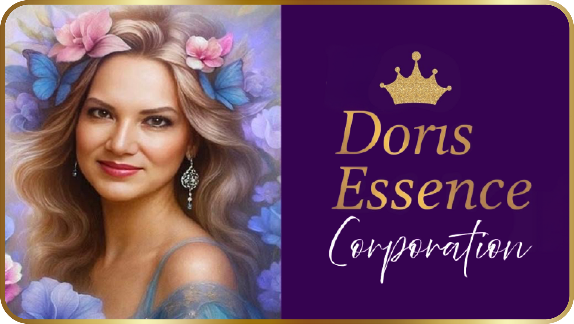 Mujer con corona de flores, junto al logotipo de Doris Essence Corporation, fondo morado.