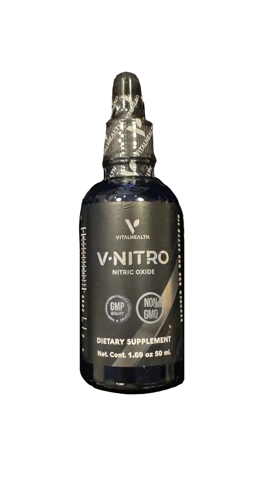 Botella de suplemento dietético V-Nitro con gotero. Botella negra con texto blanco y detalles plateados.