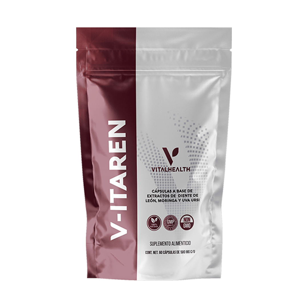 Una bolsa de cápsulas V-ITAREN, de color rojo y blanco, con el logotipo "VITAL HEALTH".