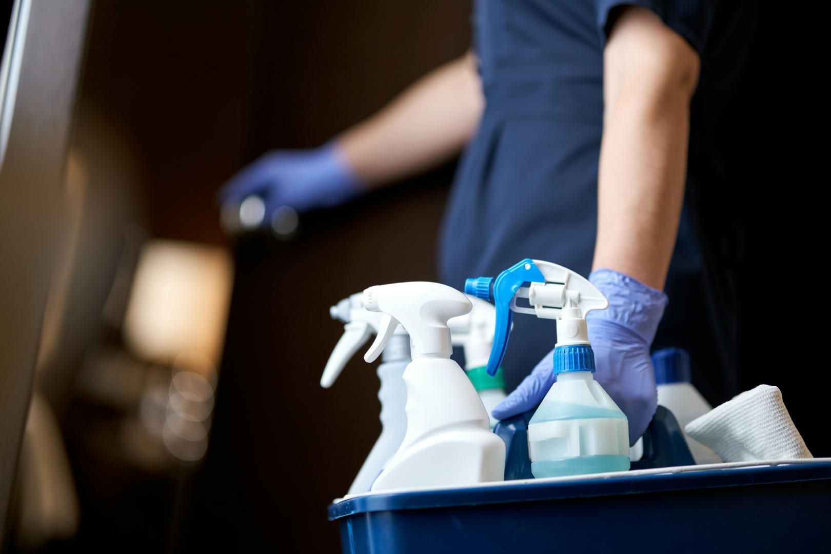 A woman is holding a tray of cleaning supplies.