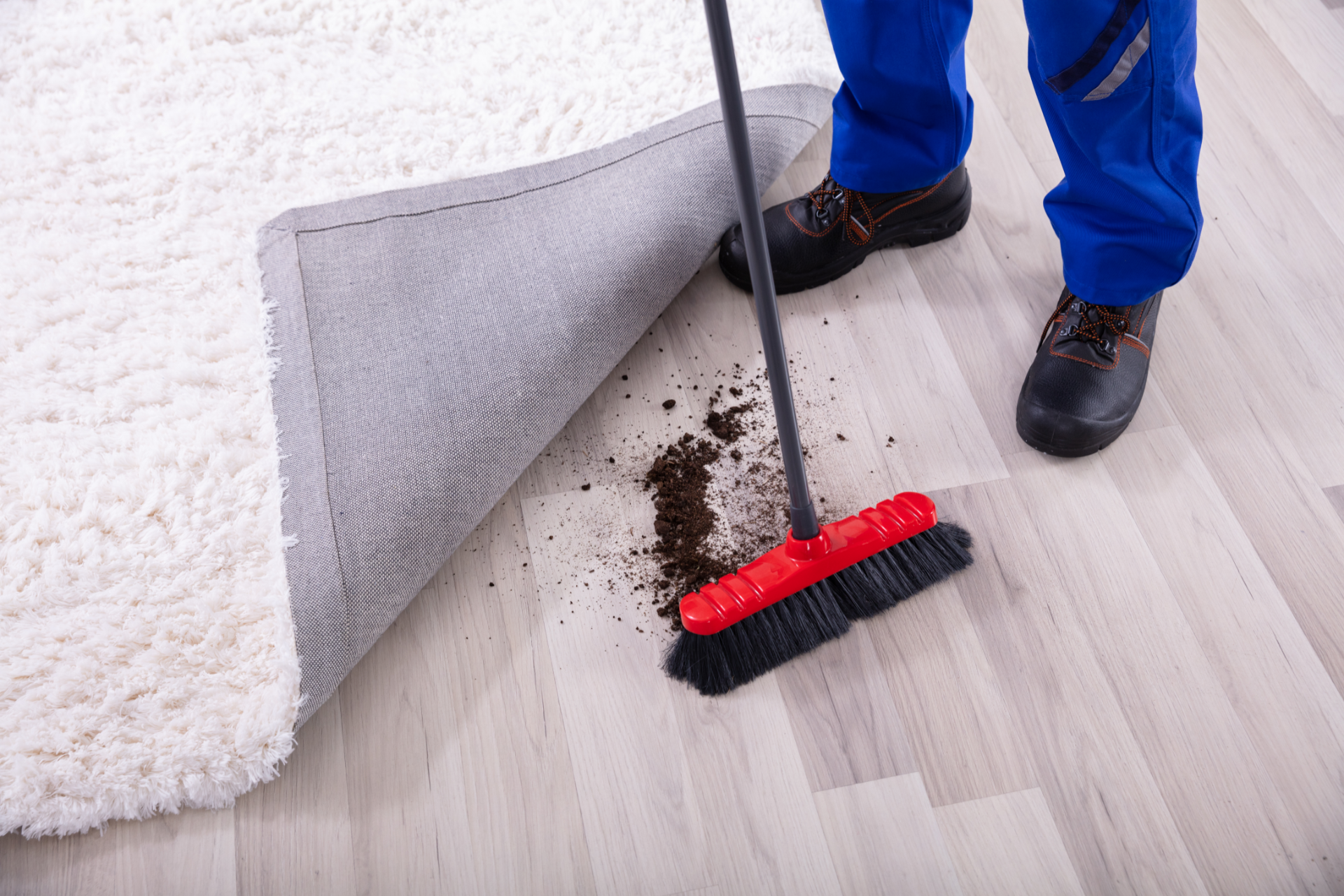 Residential Cleaning Service Worker Sweeping Dirt Under A Rug In East Brunswick NJ Residential Cleaning Service Worker Sweeping Dirt Under A Rug In East Brunswick NJ