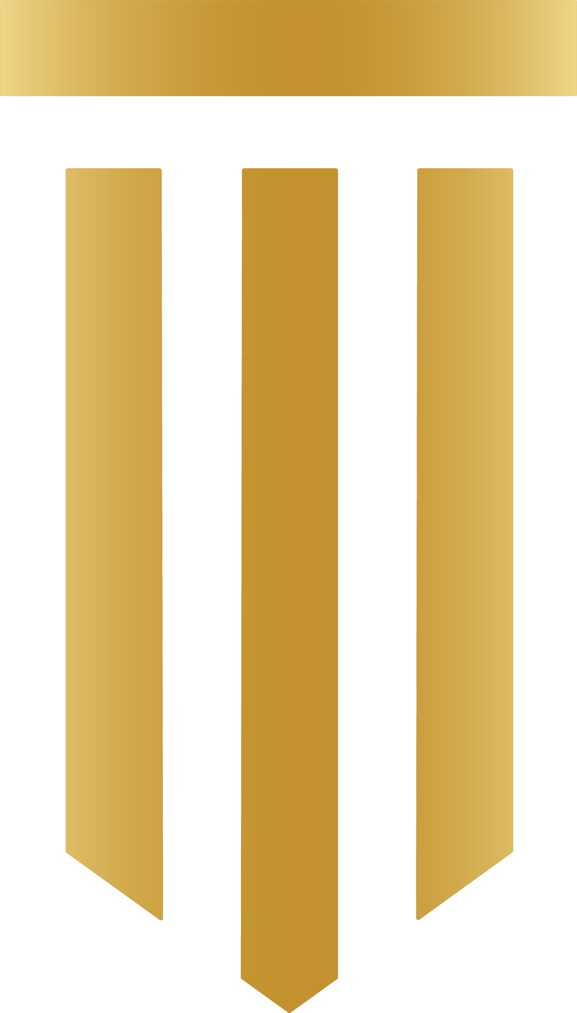 Three gold vertical bars with pointed bottoms on a white background