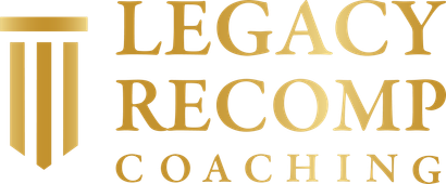 Legacy Recomp Coaching gold logo with stylized column icon and serif text on white background