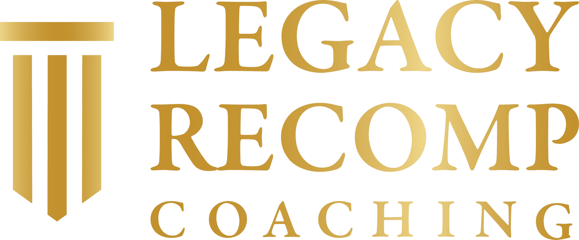 Legacy Recomp Coaching logo in gold with stylized columns and serif text on a white background
