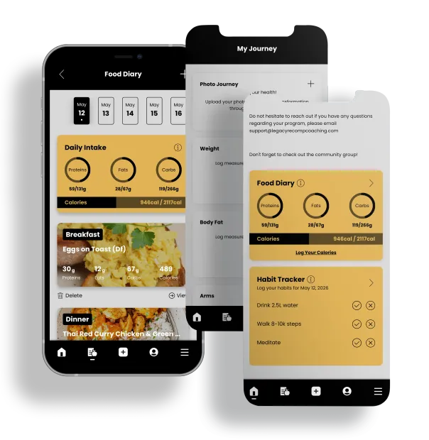 Three overlapping smartphone mockups with blank white screens and “APP IMAGES TO GO HERE” text