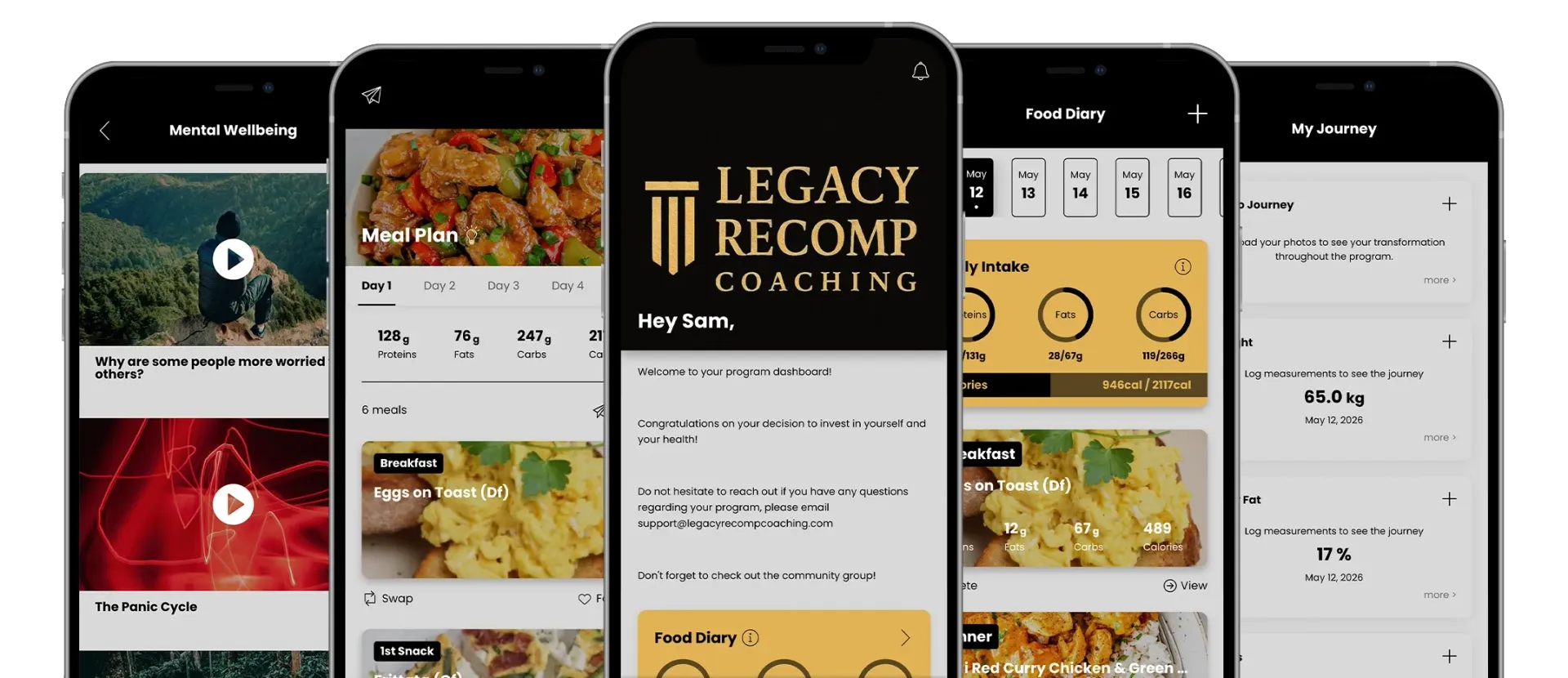 Five black smartphones side by side, each showing a different list of text on screen.