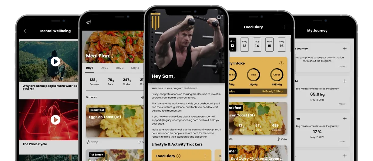 Five black smartphones side by side, each showing a different list of text on screen.