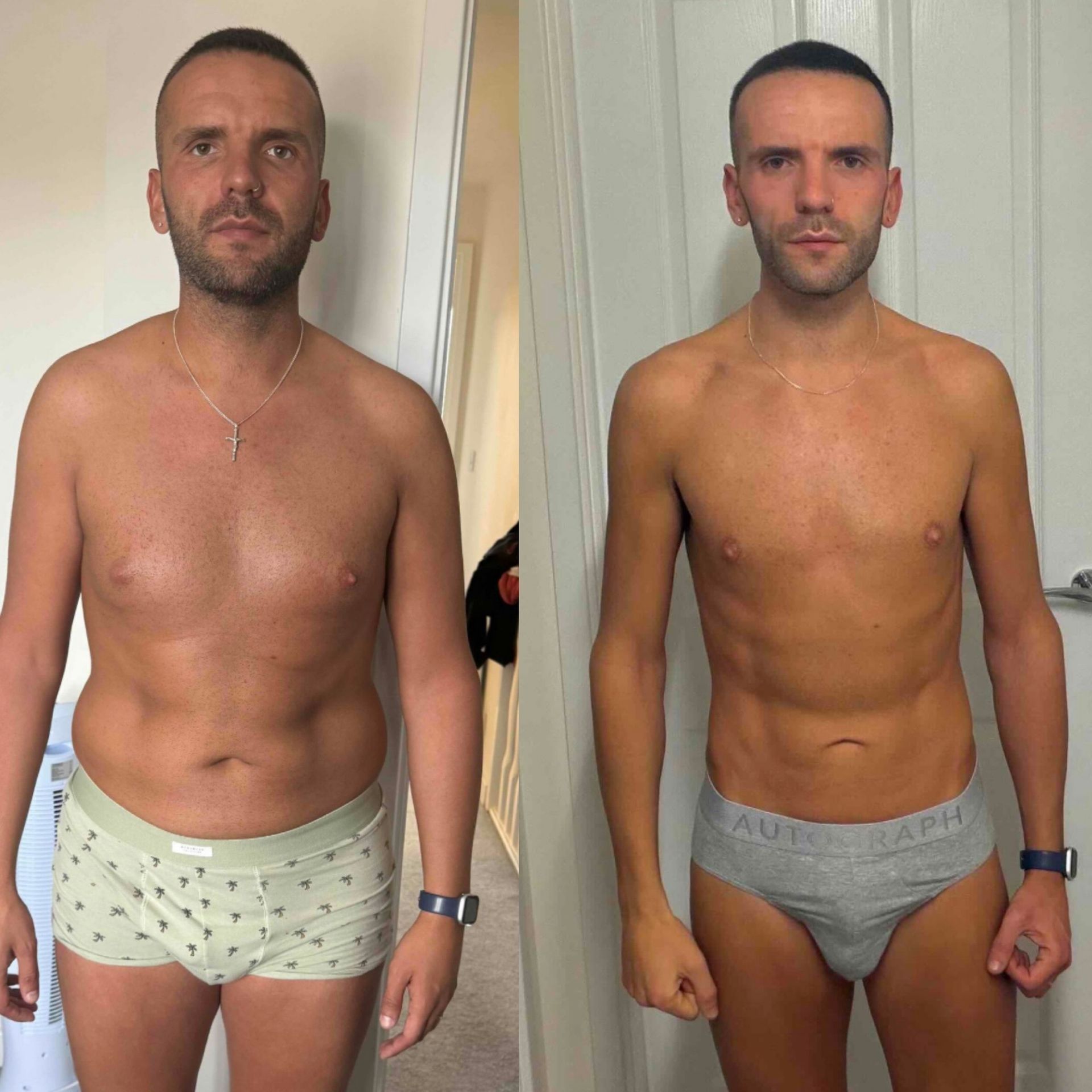 Side-by-side before-and-after torso photos of a man in underwear, showing a slimmer physique on the right.