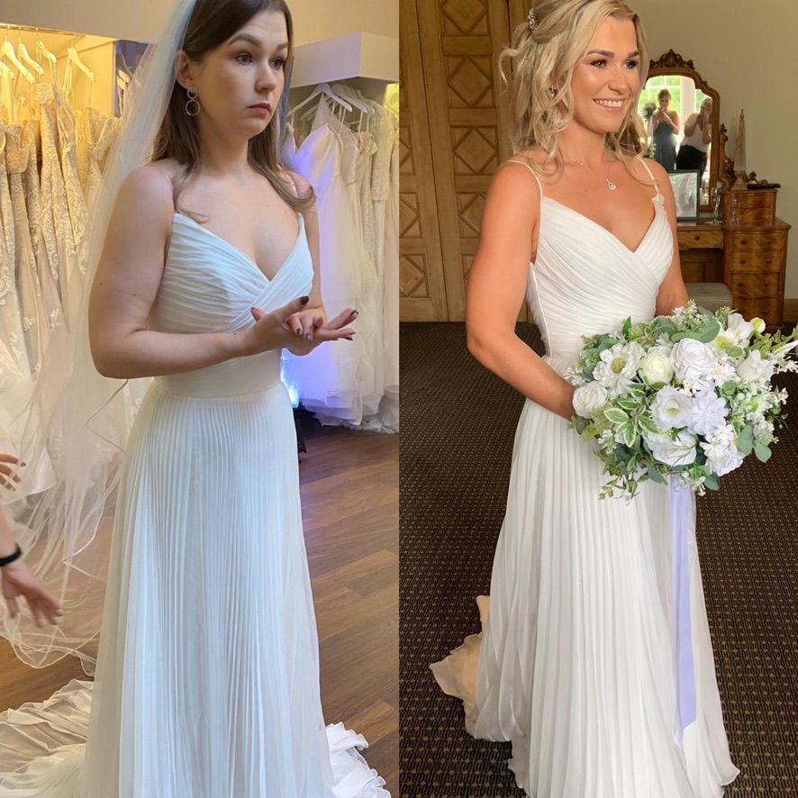 Bride in a white pleated gown holding a bouquet, shown in two wedding photos indoors.