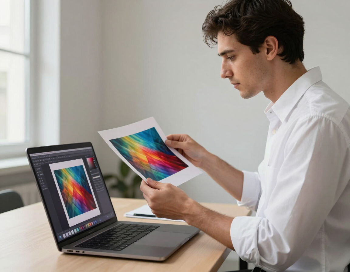 Staff reviewing color print proof against laptop screen