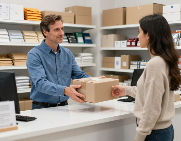 Staff member handing a packaged box to a customer