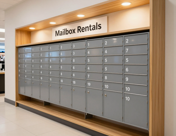 Row of numbered private mailboxes inside a retail store