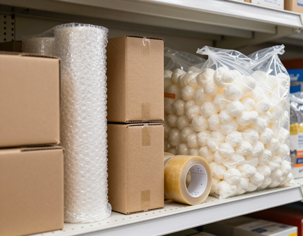 Packing supplies on a retail shelf
