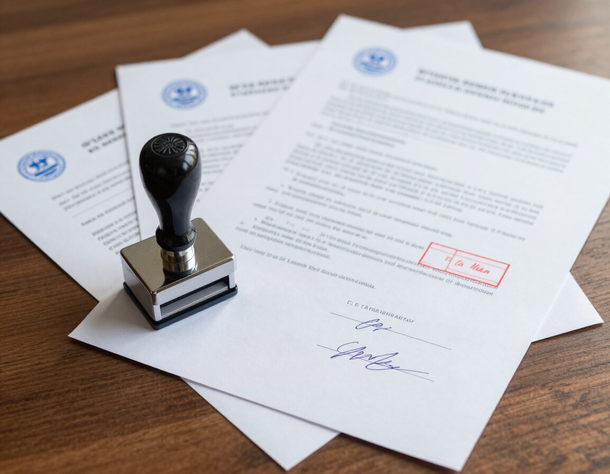 Notary stamp and official documents on a desk