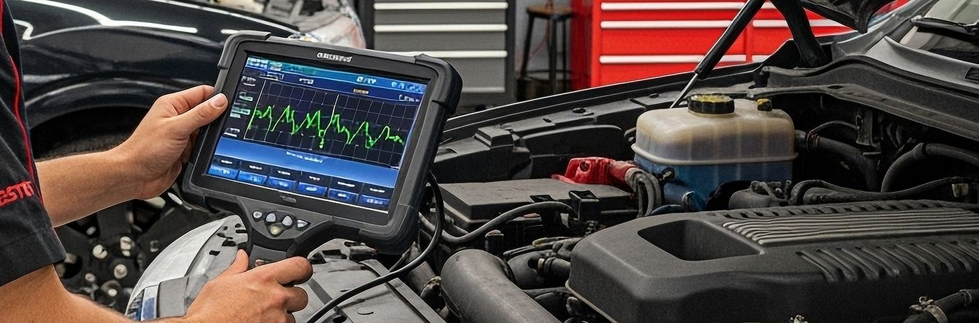 Mechanic using a diagnostic tablet to inspect a car engine in a garage